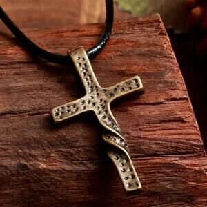 Textured Cross Pendant Necklace | Bronze Tone Twisted Cross on Black Cord